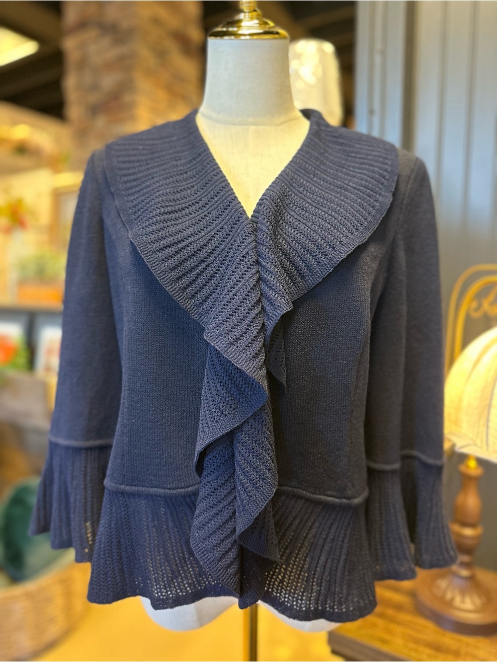 St. John Collection Navy Ruffle Knit Cardigan Jacket Size 8